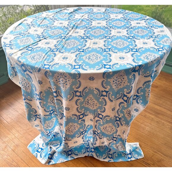 Vintage 60s curtain, blue, white abstract floral, 1960s MCM panel, price for 1 - Picture 1 of 10